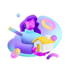 3d illustration. Cartoon girl 3d character with small house.