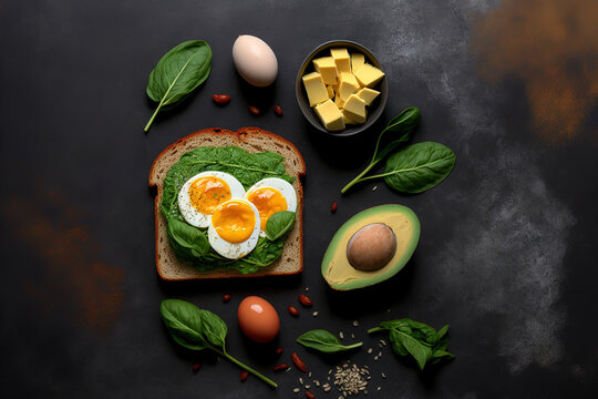 Sliced avocado, cooked eggs, seasonings, and fresh spinach on a healthy bread. Delicious breakfast or snack against a backdrop of gray stone. top view with text space. Generative AI