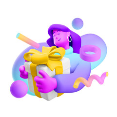 3d illustration. Cartoon girl 3d character with a gift box.