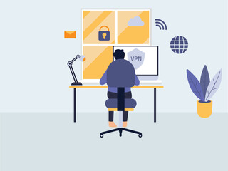 Back view of man working on computer with VPN virtual private network internet security