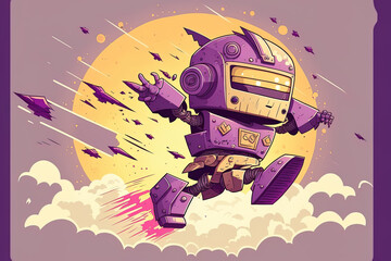 Fototapeta na wymiar Illustration of a flying, grungy, purple robot in a cartoonish flat style. Generative AI