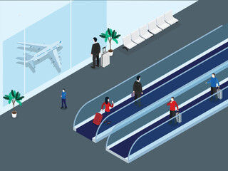Passengers walking on the escalator at the international airport terminal