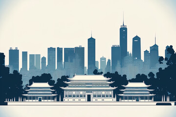 Outline White buildings line the skyline of China City. Drawings in format. Concept for business travel and tourism with old world buildings. landmark filled cityscape of China. Generative AI