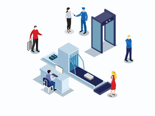 Passenger with luggage at airport security checkpoint gate in airport. Isometric vector concept