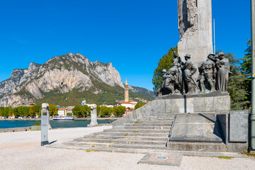 The Monument to the Fallen, or Monumento Ai Caduti, along the coast of the lakefront town of Lecco,...
