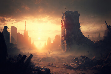 Post apocalyptic idea. destroyed city Fantasy related idea superior background. Death City shrouded in mist. View from above of the demolished city. Apocalyptic idea. Generative AI