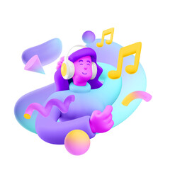 3d illustration. Cartoon girl 3d character listening to music. Melody sign. Music streaming service concept.