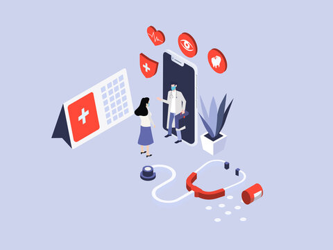 Female patient meeting a doctor online using a mobile phone technology. Isometric vector concept