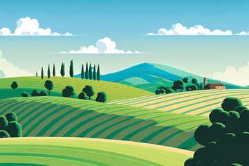 summertime scene of fields. Valley in a cartoon rural landscape with green hills, blue skies, and wavy clouds. horizon grassland vista in the countryside. Generative AI - obrazy, fototapety, plakaty