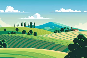 Gordijnen summertime scene of fields. Valley in a cartoon rural landscape with green hills, blue skies, and wavy clouds. horizon grassland vista in the countryside. Generative AI © 2rogan