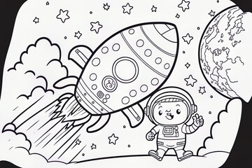 Coloring book depicting an astronaut traveling into space on a rocket. Generative AI