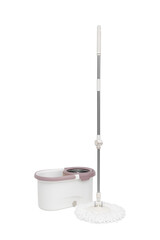 Mop and plastic bucket on white background. Cleaning service