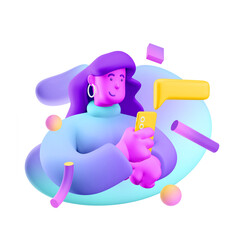 3d illustration. Cartoon girl 3d character with phone. Social media concept.