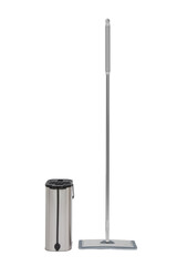 Flat mop and metal bucket on white background. Cleaning service