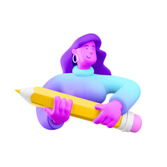 3d illustration. Cartoon girl 3d character with pencil. Concept of creativity.