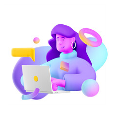 3d illustration. Cartoon girl 3d character with laptop. social media concept.