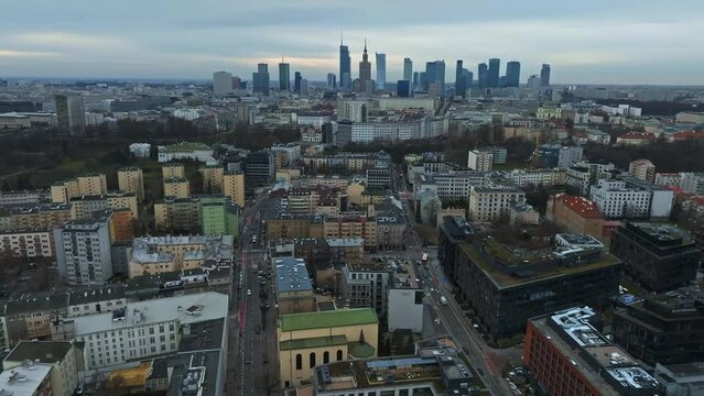Panoramic aerial view of the modern skyscrapers and business center in Warsaw. View of the city center from above in Warsaw, Poland.