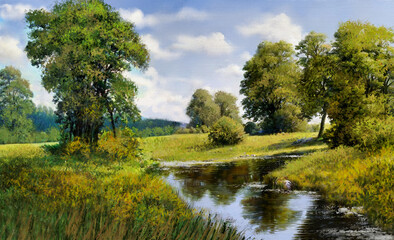 Oil paintings landscape with river and trees, artwork