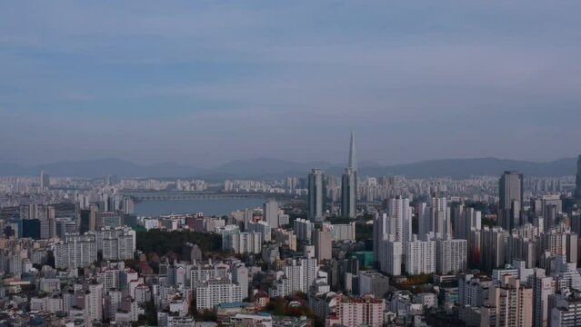 [korea drone footage] Seoul city landscape, Korea, gangnam, sunset
