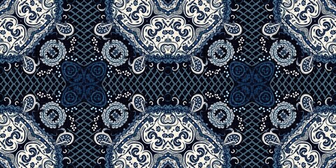 Retro indigo floral bandana 2 tone patterned fabric border background. Seamless boho denim blue banner edge design. Fashion masculine endless edging trim . 
