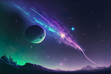 Moon at night, starry sky with comet, nebula, and star, wind on blue lilac, green neon flares, and cosmic. Generative AI