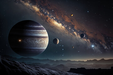 Dark nighttime sky scene with Jupiter partially illuminated at horizon and minor planets circling nearby. Generative AI