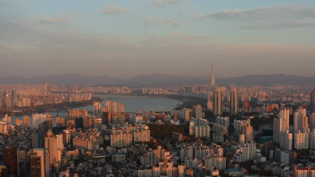 [korea drone footage] Seoul city landscape, Han river, gangnam, sunset