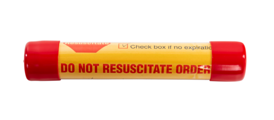 Isolated red and yellow medical emergency do not resuscitate order tube