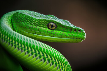 Green viper snake closeup head, green albolaris snake side view. Generative AI