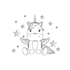 A cute unicorn is sitting among the stars. Children's coloring book.
