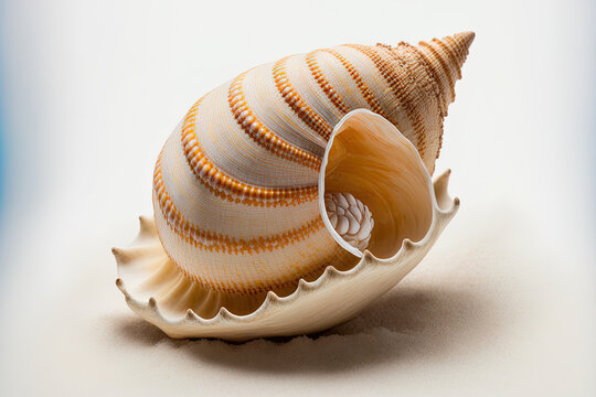 On a white backdrop, a large, lovely seashell is alone. Generative AI