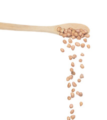Peanut fall, brown grain peanuts explode abstract cloud fly from wooden spoon. Beautiful complete seed pea peanuts, food object design. Selective focus freeze shot white background isolated
