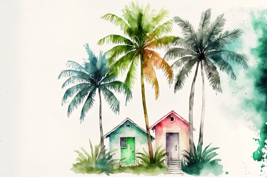 solitary white background with seaside homes. Bungalow with palm trees made by hand in watercolor. front view of little tropical homes. Generative AI