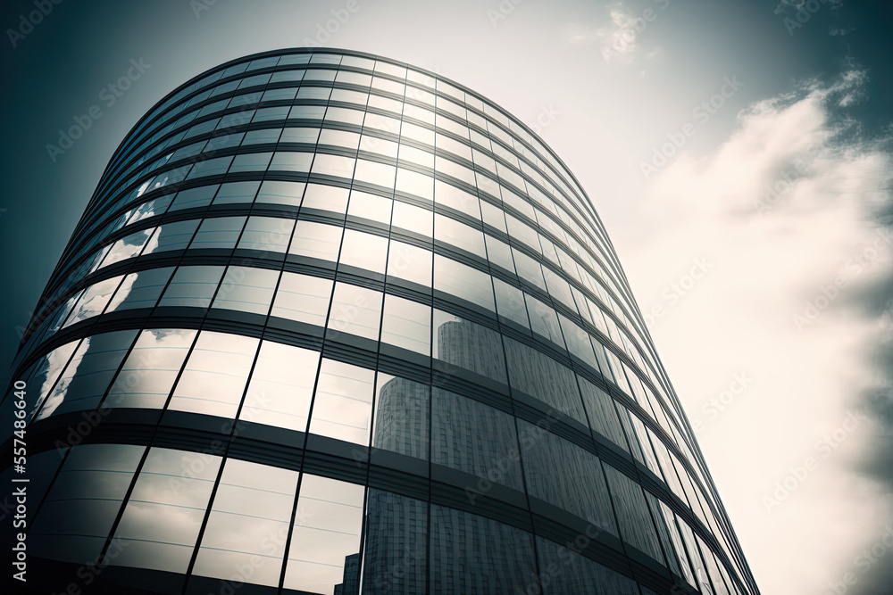 Poster view from a low perspective of a skyscraper with curved glass windows in an office building that is 