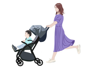 ベビーカーを走って押す若い母親