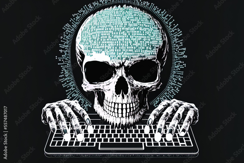 Aufkleber hacking and phishing concept with an illustration of a code skull and hands typing on a laptop in th