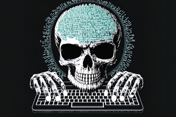 Hacking and phishing concept with an illustration of a code skull and hands typing on a laptop in the background. Generative AI