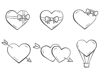 hand drawn valentines heart set. romantic and love symbols. hearts with arrow and heart with ribbon with bow