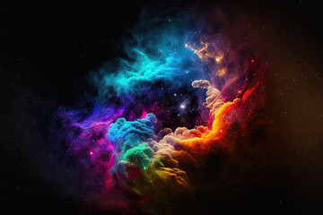 Black background with multicolored fractal nebula dust. Generative AI