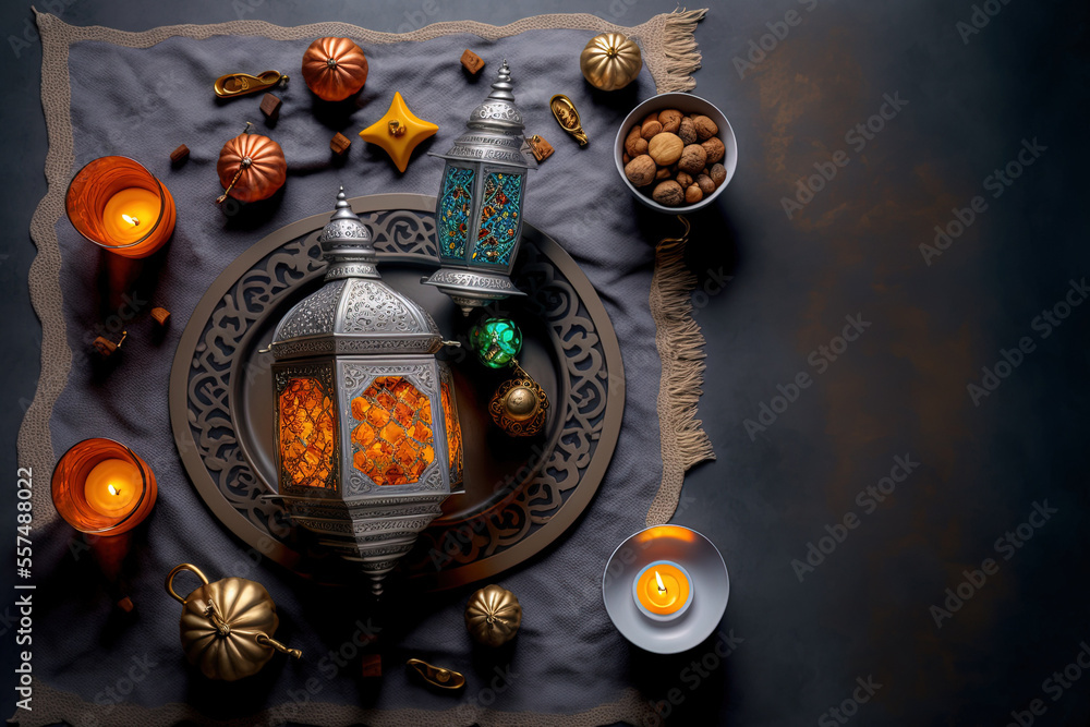 Sticker Aerial tabletop view of the decorations Background of the Ramadan Kareem celebration. Arabic lantern and Aladdin lamp on a flat lay. Muslims must eat a halal meal prepared for fasting on grey cement