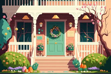Front of house with wooden porch and entrance decorated for Easter. Colorful eggs in nests, a beautiful rabbit, and floral garlands adorn the walls of the house. Building exterior in springtime cartoo