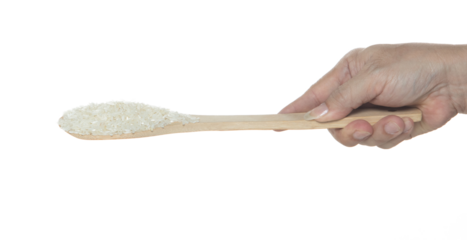 Japanese Rice fall, white grain rices pouring down abstract cloud fly from spoon. Beautiful complete seed rice in air, food object design. Selective focus freeze shot white background isolated