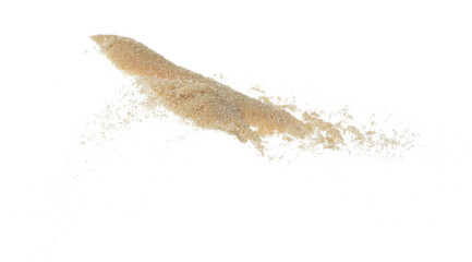 Brown Sugar flying explosion, brown grain sugar explode abstract cloud fly. Beautiful complete seed sugarcane splash in air, food object design. Selective focus freeze shot white background isolated