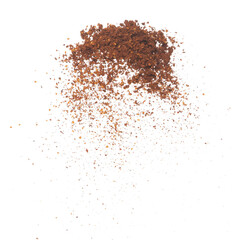 Red Hot Chilli flying explosion, red grain chilli explode abstract cloud fly. Beautiful complete seed chilly splash in air, food object design. Selective focus freeze shot white background isolated