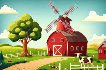 rural scene with a red barn and a windmill. Generative AI