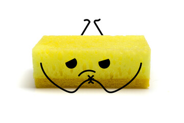 Real life doodle of yellow sponge sad lying down and arms crossed on white background, funny cartoon character, illustration