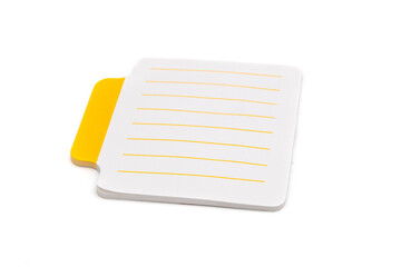 Blank small lined sticky notes with yellow tab on the left side of paper sheet, isolated on white background, closeup view