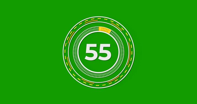 60 seconds (1 minute) countdown timer with the circle's line and dashed line on the green screen alpha channel transparent.  Stylish simple design. Vehicle or machine part concept. 