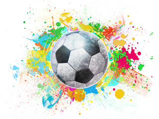 Soccer ball hand-drawn illustration with colorful splash, football icon sketch, in white isolated background, 