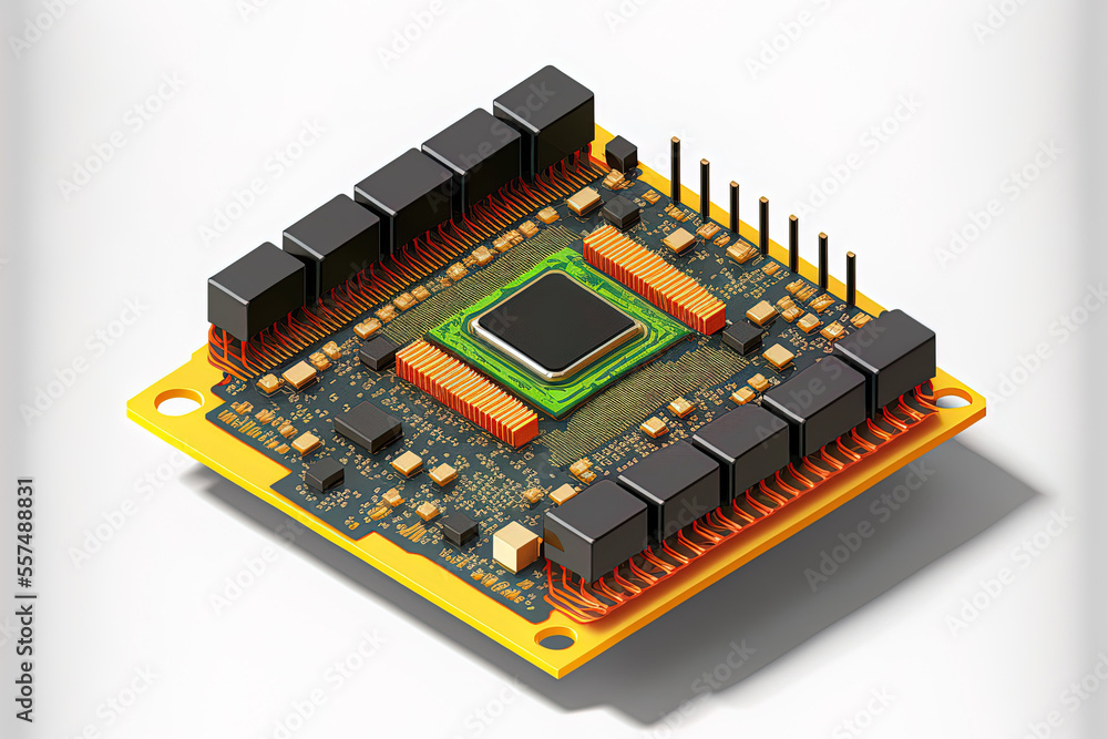 Poster isometric processor microchip of an electronic motherboard on a white background. generative ai